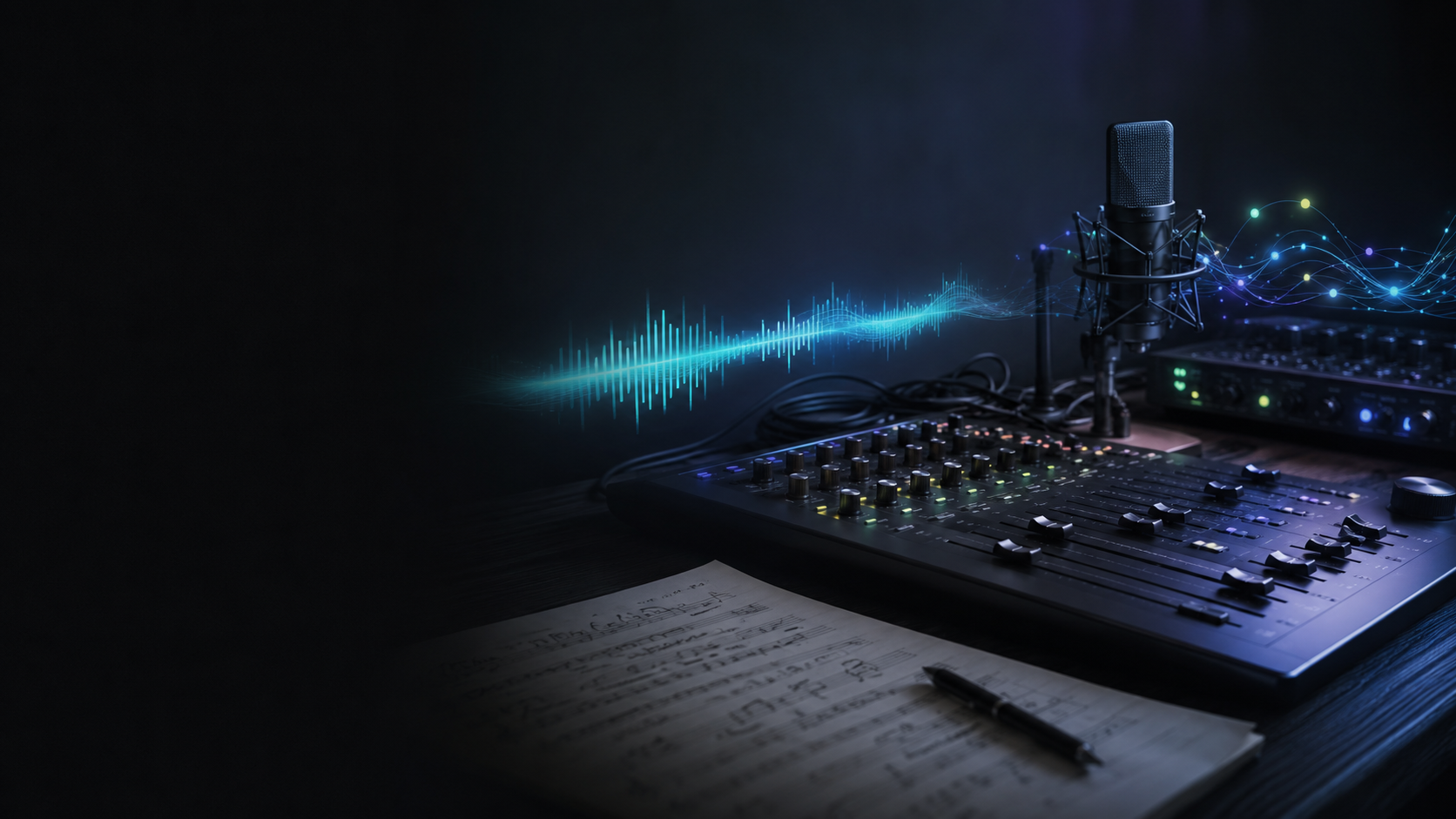 Musikproduktion med keyboard och ljudspår i en kreativ studio