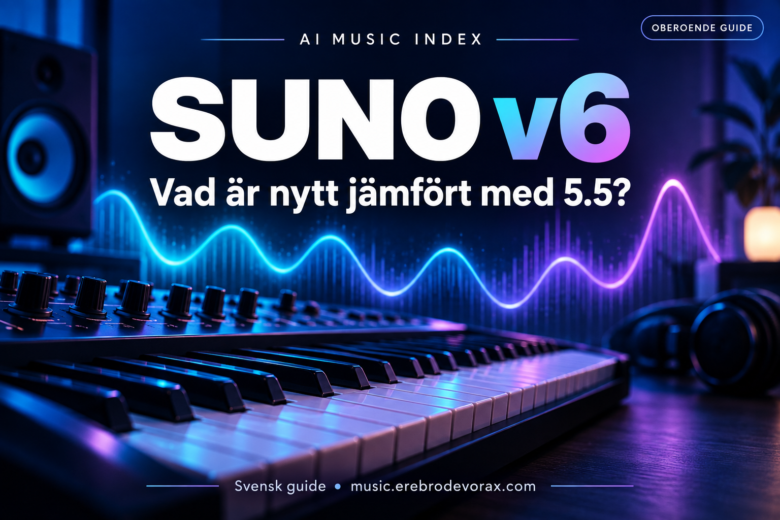 Suno v6 – vad är nytt jämfört med 5.5? Oberoende guide från AI Music Index, med synt och blåvioletta ljudvågor.
