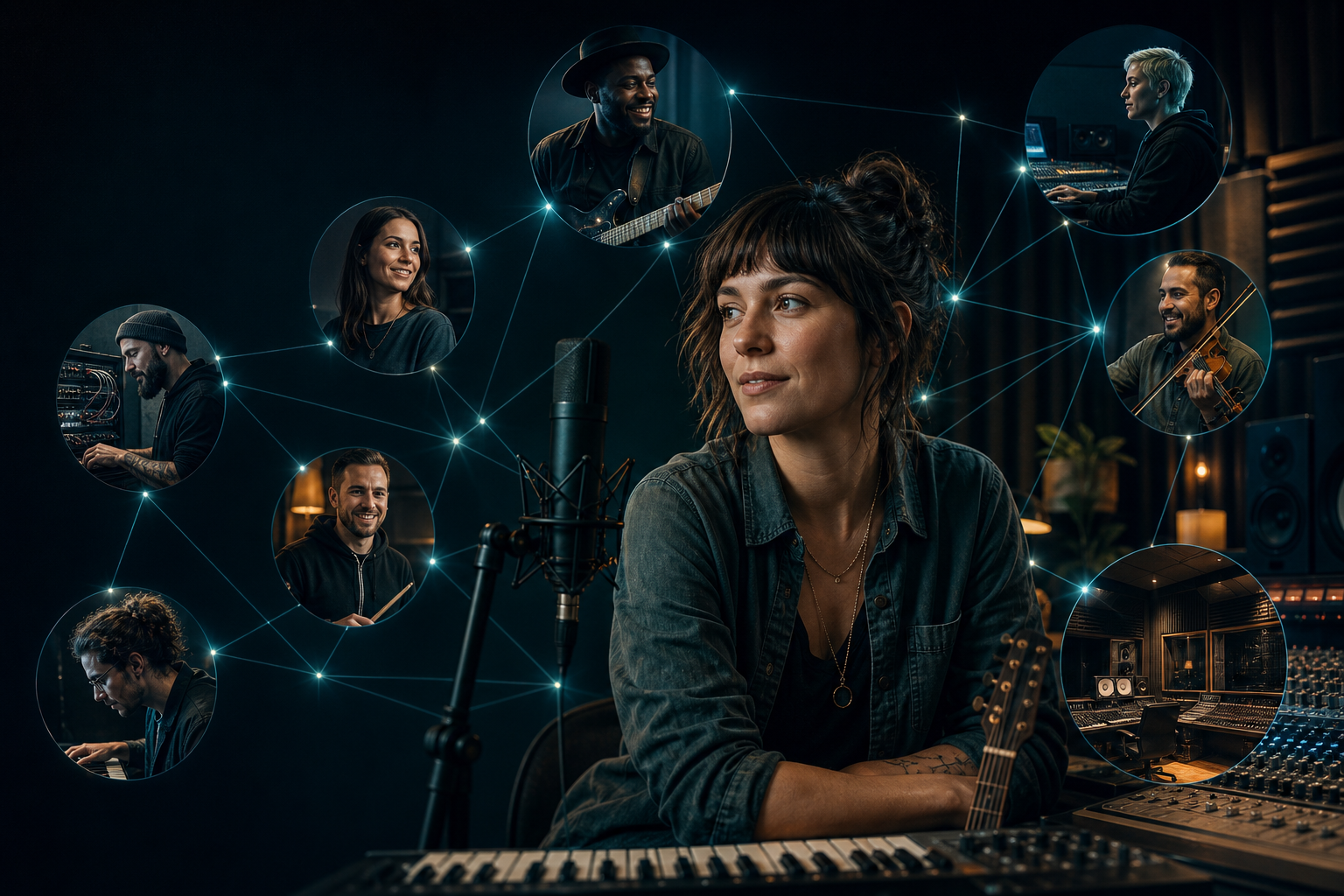 Vuxna musiker, sångare, producenter och en studio sammanlänkade genom Musiker-Match