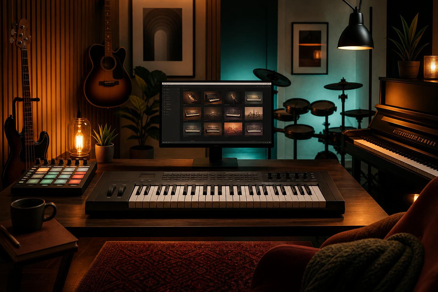MIDI-keyboard i en varm hemmastudio med piano, gitarr, bas och elektroniska trummor.