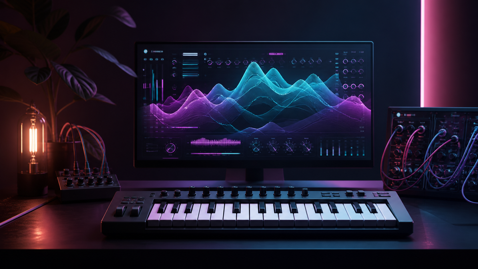 MIDI-keyboard framför en mörk mjukvarusynth med lysande vågformer i en modern hemmastudio.