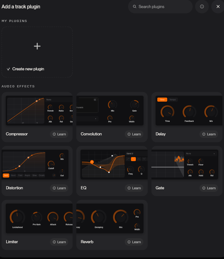 Suno Studio 2.0:s meny för kanal-effekter med Compressor, Convolution, Delay, Distortion, EQ, Gate, Limiter och Reverb