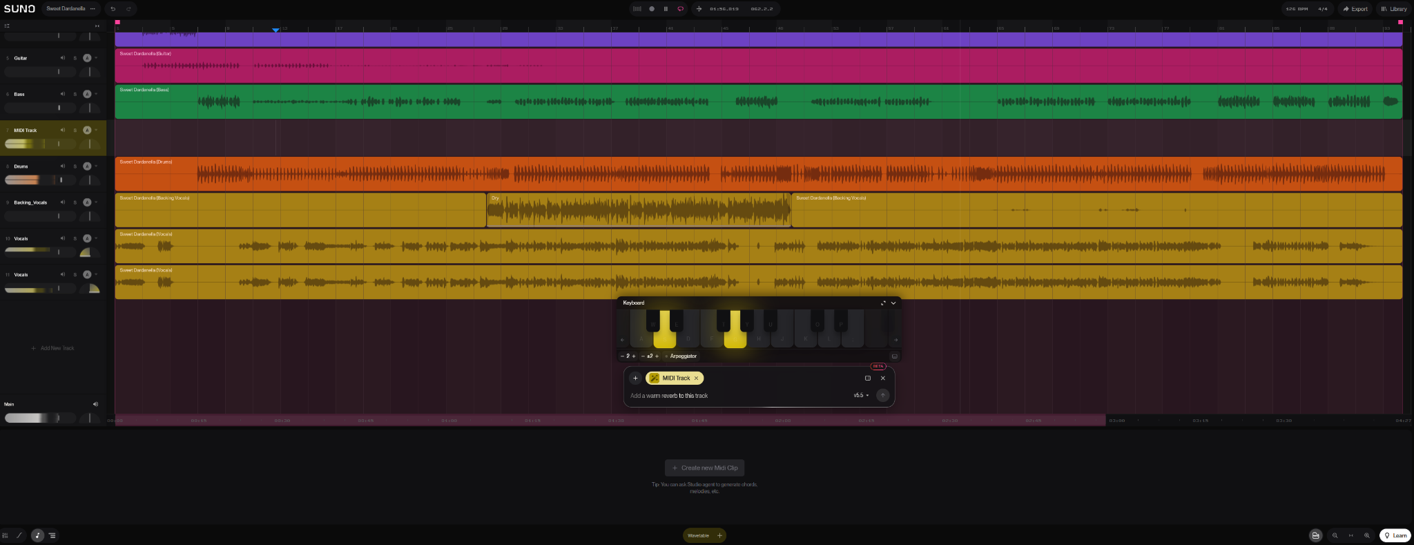 Suno Studio 2.0 med MIDI Track och tangentbord för musical typing
